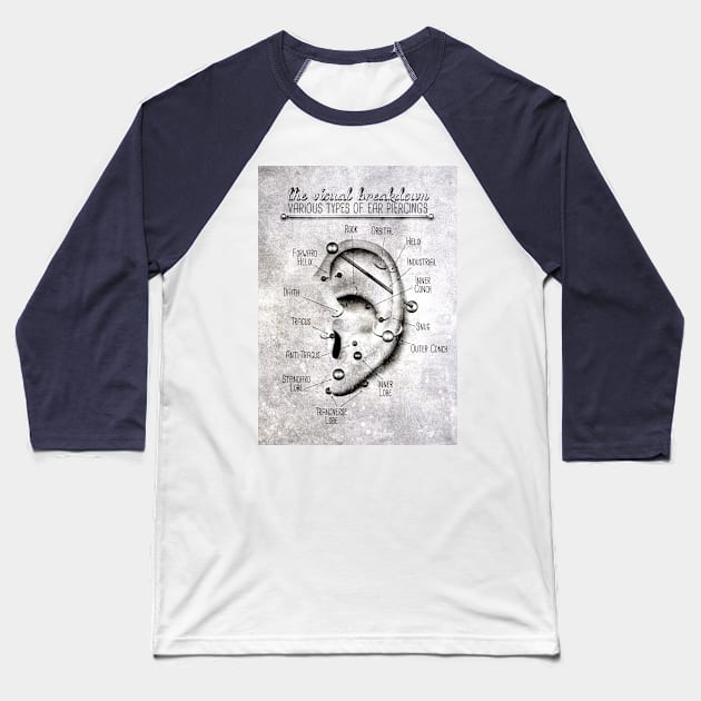 Ear Piercing Chart, Black and Grey Grunge Baseball T-Shirt by Jarrodjvandenberg